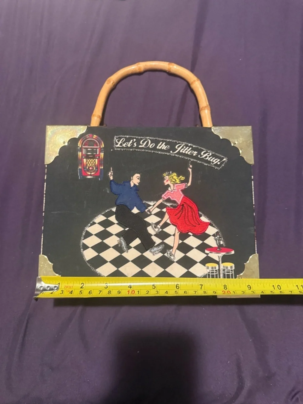 Vintage Cigar Box Purse Jitterbug Dancing Rockabilly Beaded Bamboo Handle Bag